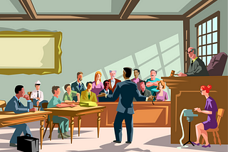 A brightly colored illustration shows a courtroom. Tables for counsel are in the left of the frame, with two people sitting at them. An attorney in the middle of the illustration faces away and stands directly in front of the jury, each of whom is looking at the attorney and listening. A judge holding a gavel in their left hand is on the bench at right. A court reporter sits to the left of the judge’s bench. A window at right is shown with sunlight forming shadows on the wall behind the jurors.
