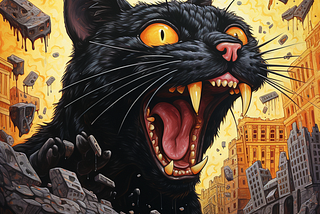 Prompt: A black cat with an open mouth with mice at its side, in the style of surrealistic urban scenes, made of cheese, dark humor graphic prints, illustrative storytelling, colorful muralist, gritty horror comics, lively tableaus