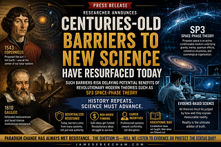 A dramatic science-history themed poster comparing historical and modern scientific revolutions. The left side features Renaissance portraits of Nicolaus Copernicus and Galileo surrounded by early astronomy imagery, handwritten manuscripts, and heliocentric diagrams. The right side shows futuristic cosmology graphics, galaxies, digital data streams, and a scientist studying Space-Phase theory on advanced monitors. Large bold typography discusses “Barriers to New Science” and references SP3 Space