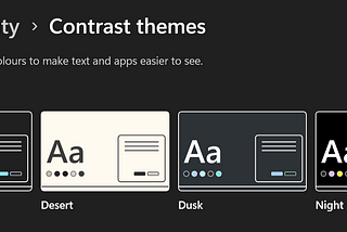 A screenshot of Windows Contrast Setting Screen showing the Different High Contrast modes — Aquatic, Desert, Dusk, Night Sky