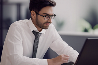 A young CEO is sitting behind his desk, working on his laptop.