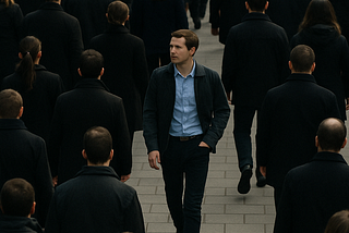 A lone individual walks against the flow of a large crowd, symbolizing courage, individuality, and the strength to stand out.