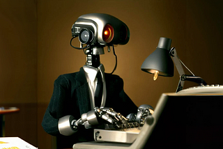 RFP response software — a robot types an RFP response on a typewriter