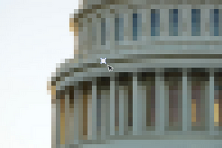 Visual illustration showing a pixelated government building, with a pixel selected, and being edited.