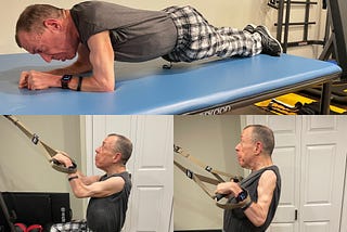 Image shows white male doing planks, squats, and TRX pull ups