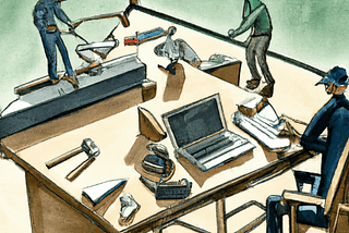 Three cartoon figures surrounding a table of tools trying to build a better workflow.