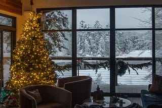 The view past the Christmas Tree to the snowy landscape beyond.