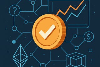IMAGE: An illustration depicting a golden coin with a checkmark in the center, surrounded by blockchain-themed symbols like the Ethereum logo, a 3D cube, a dollar sign, and network nodes, all set against a dark blue background with abstract graph lines