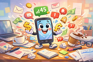 Cartoonish digital illustration of a cheerful smartphone character at the centre of a messy writer’s desk, juggling currency symbols, coffee cups, and notification bubbles. Papers, pens, and a laptop surround the phone, with pastel‑bright colours and a lively, comedic sense of motion.