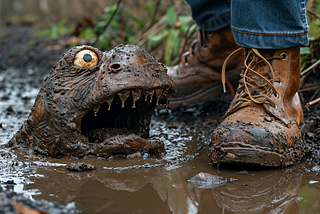 A mud monster that looks like a huge frog head, popping out of a mud puddle next to someone walking by in muddy boots.