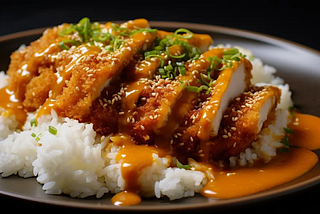 Golden brown Katsu Curry with crispy breaded cutlet slices on steamed rice