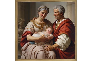 An older roman couple holding their infant child. It represents saint Nicholas’ parents.