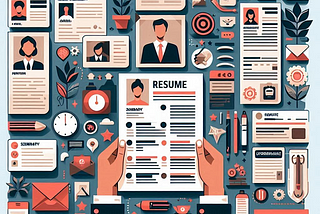 A collage of resumes and images of pens, pencils and other such artefacts.