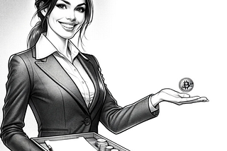 This image features a female tax collector with a smiling expression, her hand outstretched to collect coins from cryptocurrency users.