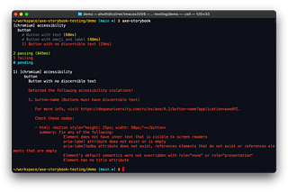 Terminal output of the axe-storybook-testing CLI running accessibility tests for a Button component.