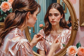 Woman looking in mirror sees a different reflection of herself.