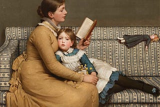 Painting of mother reading to daughter. George Dunlop Leslie, “Alice in Wonderland.”