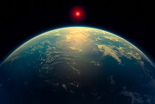 An illustration of a hycean world — an exoplanet with a liquid water ocean beneath a hydrogen-rich atmosphere, orbiting a red dwarf star, based on observations by the James Webb Space Telescope, April 17, 2025. Illustration by A. Smith, N. Madhusudhan/University of Cambridge/ZUMA Press Wire via Reuters