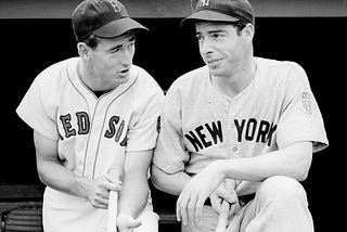 Ted Williams and Joe DiMaggio in the dugout