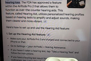 A screen shot explaining how Apple AirPods can be used as hearing aids.