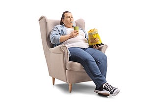 overweight woman in an armchair drinking soda and eating chips