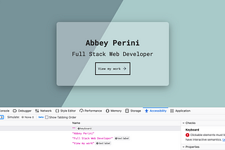 a screenshot of the landing page of abbeyperini.dev with Firefox accessibility tools open