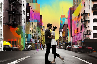 A couple kissing on the street. The colorful filter of the world is projected onto the landscape directly behind them while the buildings further out are drab and gray.