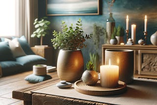 A home sanctuary designed with earth tones, natural materials, plants, candles, and natural light