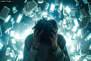 Jovem de cabeça baixa, segurando-a com as mãos em sinal de angústia. Ele está cercado por dezenas de smartphones flutuantes com telas brilhantes, em uma atmosfera azulada e caótica.