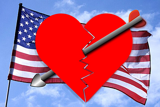 An American flag with a split heart over it.