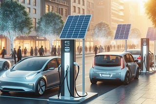 Electric vehicles connected to charging stations with photovoltaic panels in a futuristic urban scenario