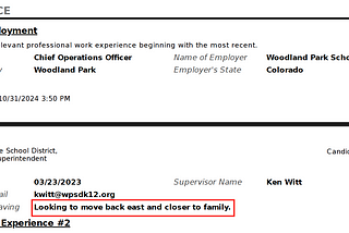 Screenshot of Aaron Salt’s application for the superintendent position at the Huntsville School District in Arkansas, detailing his current role as Chief Operations Officer for the Woodland Park School District in Colorado. It includes his stated reason for leaving: ‘Looking to move back east and closer to family,’ dated October 31, 2024.