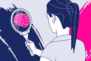 illustration of woman looking into mirror, with reflection of a brain