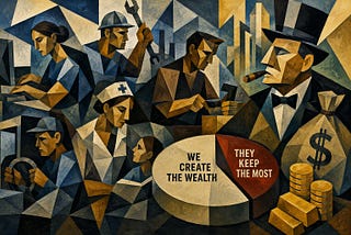 A Cubist-style illustration of diverse American workers contrasted with a wealthy executive beside a pie chart, symbolizing workers creating wealth while others capture a larger share of it.