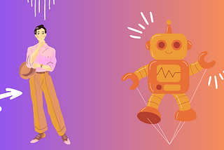 Is AI Finally Replacing Designers, man stating pondering a robot on an ombre background