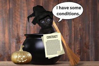 Cat in a toy cauldron holding a contract.