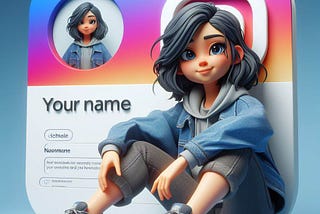 A digital artwork or edited photo. It features a stylized, cartoonish female character sitting on an oversized, 3D Instagram logo, likely for privacy or artistic reasons. He’s dressed in a denim jacket, grey pants, and sneakers. In the top left corner, there’s a smaller circular image of the same character’s head and shoulders. Below this smaller image, there’s text indicating a username “Your Name” and other text which seems to be part of a social media profile. background is gradient