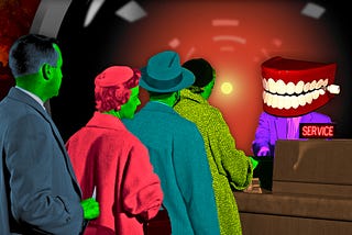 A queue of people in 1950s garb, colorized in garish tones, waiting for a wicket with a sign labeled SERVICE. Behind the counter stands a male figure in a suit whose head has been replaced with a set of chattering teeth. Image: Cryteria (modified) https://commons.wikimedia.org/wiki/File:HAL9000.svg CC BY 3.0 https://creativecommons.org/licenses/by/3.0/deed.en