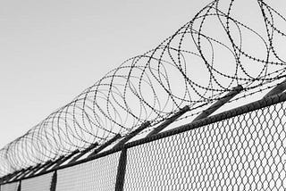 Image of a razor wire fence against a gray sky