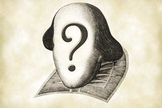 Head, hair, and collar of supposed author, with face replaced by a large question mark