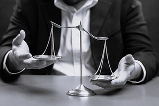 Man in a suit, sitting in front of a set of scales, he has a pan from each side in each of his hands and it looks like he is manipulating the weight by raising and lowering each side at will.