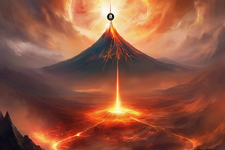 AI generated image of Mount Doom with the Amazon logo as the eye of Sauron