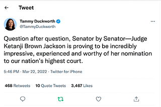 Question after question, Senator by Senator — Judge Ketanji Brown Jackson is proving to be incredibly impressive, experienced and worthy of her nomination to our nation’s highest court.