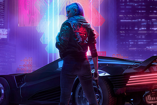 wallpaper di Cyberpunk 2077 con uno dei personaggi e l’auto iconica del gioco in sfondo.