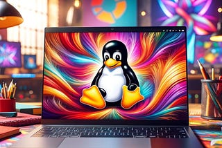 Linux developer desktop showing Linux penguin on laptop screen.