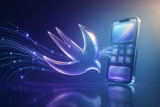 Realistic 3D Swift logo on a gradient indigo-cyan background with abstract AI flow lines and a translucent iPhone silhouette, representing the future of Swift and iOS development.
