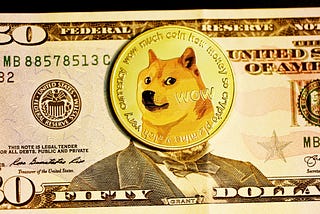 Dogecoin on top of a fifty dollar bill