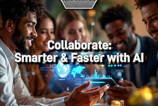 A diverse group of professionals collaborating in a modern office setting, with glowing AI-inspired overlays such as holographic charts and data visualizations. The Ajene Watson, LLC logo is prominently displayed at the top center, along with the statement ‘Collaborate: Smarter & Faster with AI,’ emphasizing innovation, inclusivity, and smarter business collaboration powered by AI.