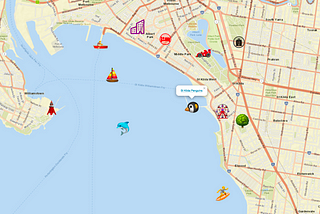 A Leaflet map made in Drupal, using emojis and font-icons as location markers.