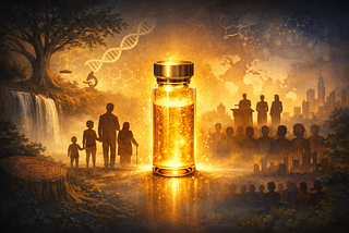 A generated image of a gold vial surrounded by shadowy figures and symbols representing nature and science